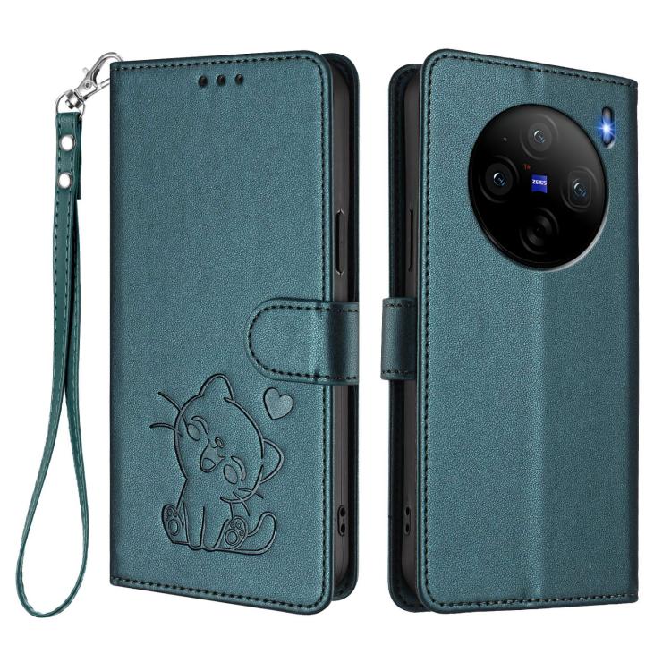 For vivo X100s Embossed Heart Cat Leather Phone Case with Hand Strap