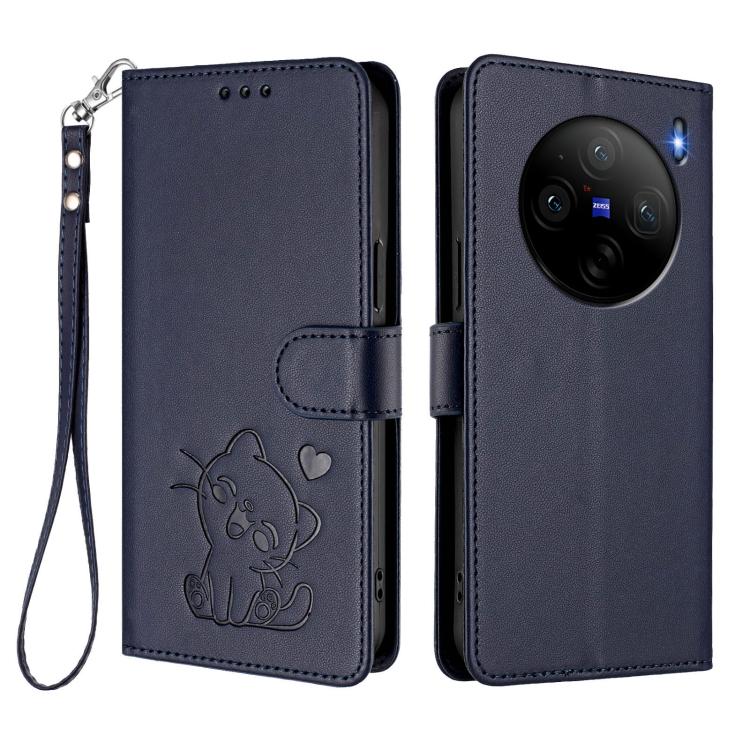 For vivo X100s Embossed Heart Cat Leather Phone Case with Hand Strap