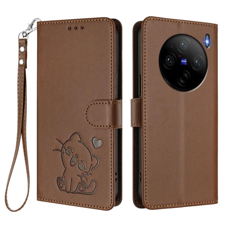 For vivo X100s Embossed Heart Cat Leather Phone Case with Hand Strap