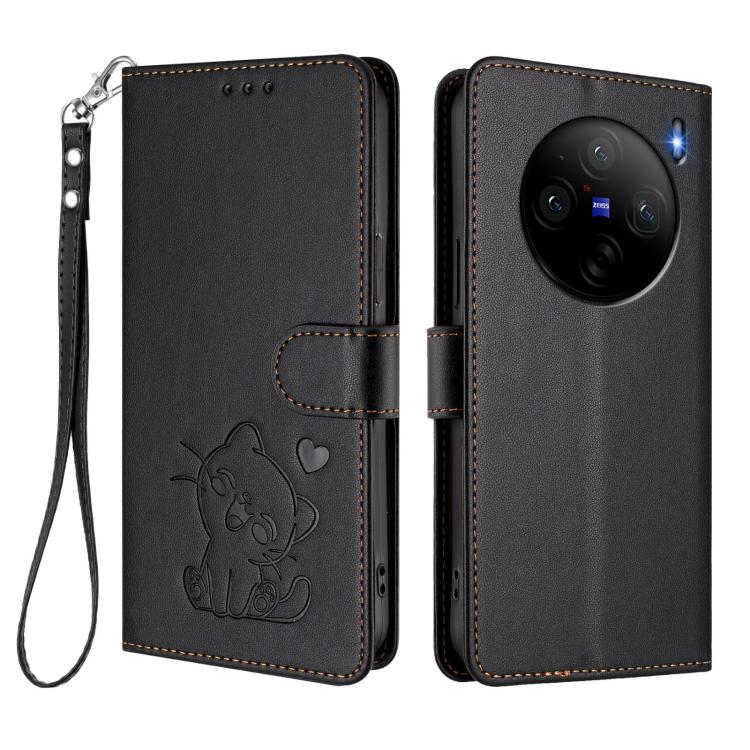 For vivo X100s Embossed Heart Cat Leather Phone Case with Hand Strap