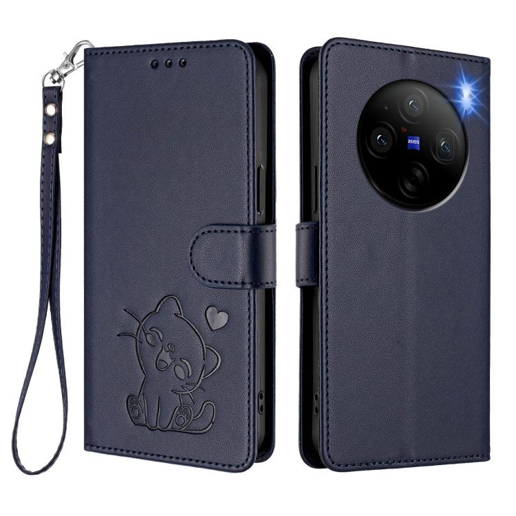For vivo X100 Pro / vivo X100s Pro Embossed Heart Cat Leather Phone Case with Hand Strap