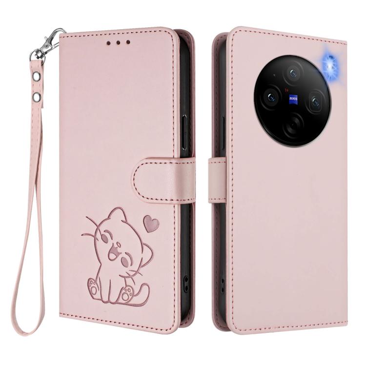 For vivo X100 Embossed Heart Cat Leather Phone Case with Hand Strap