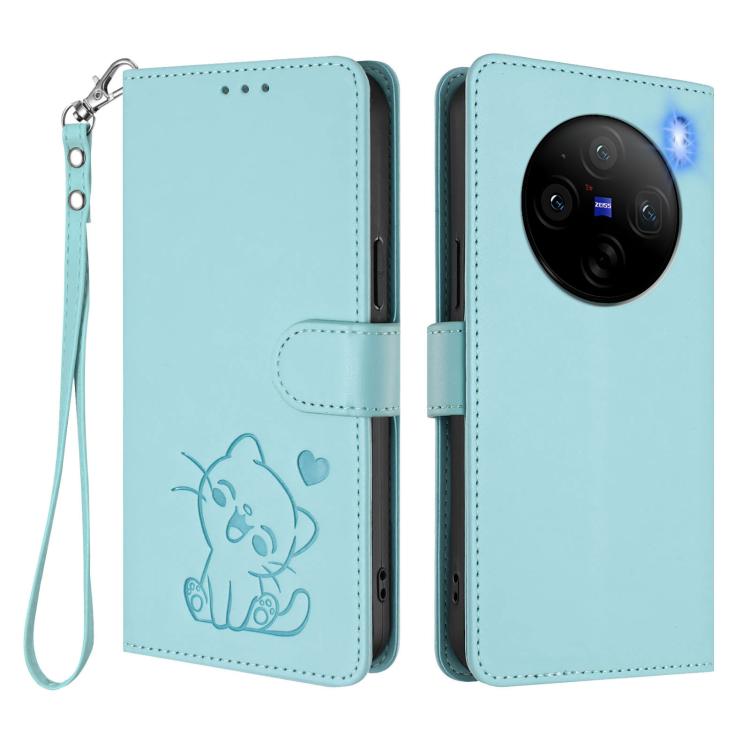 For vivo X100 Embossed Heart Cat Leather Phone Case with Hand Strap