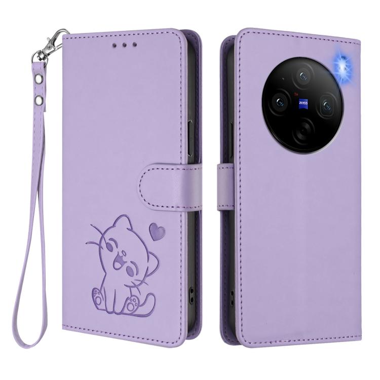 For vivo X100 Embossed Heart Cat Leather Phone Case with Hand Strap