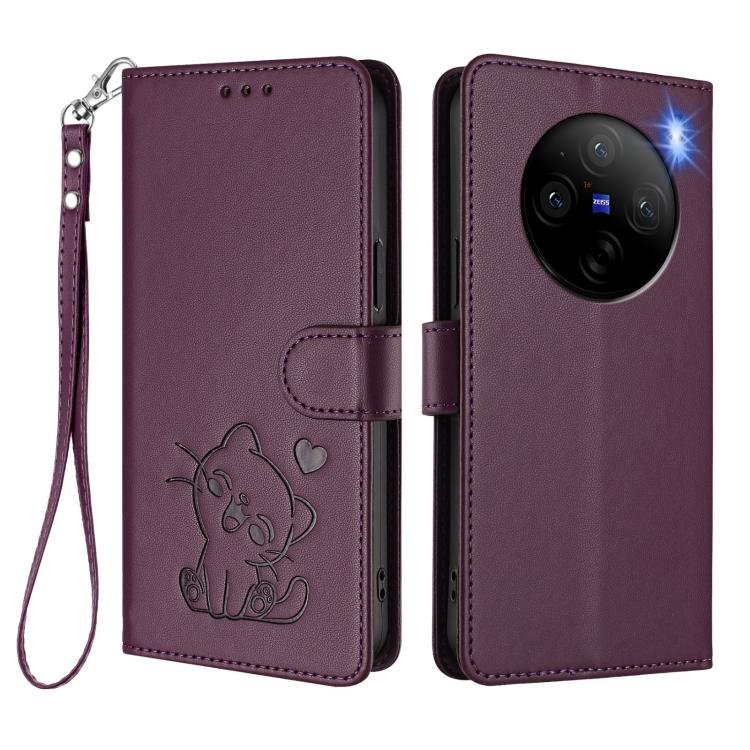 For vivo X100 Embossed Heart Cat Leather Phone Case with Hand Strap