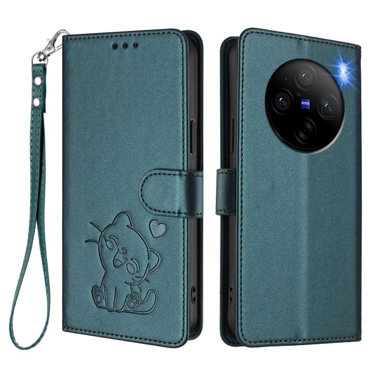 For vivo X100 Embossed Heart Cat Leather Phone Case with Hand Strap