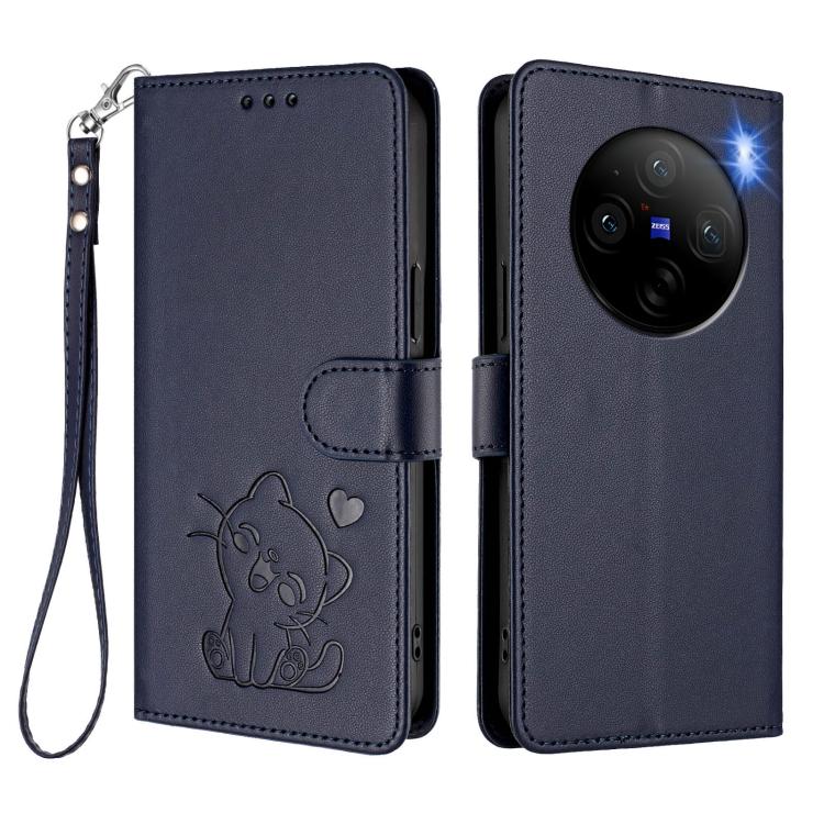 For vivo X100 Embossed Heart Cat Leather Phone Case with Hand Strap