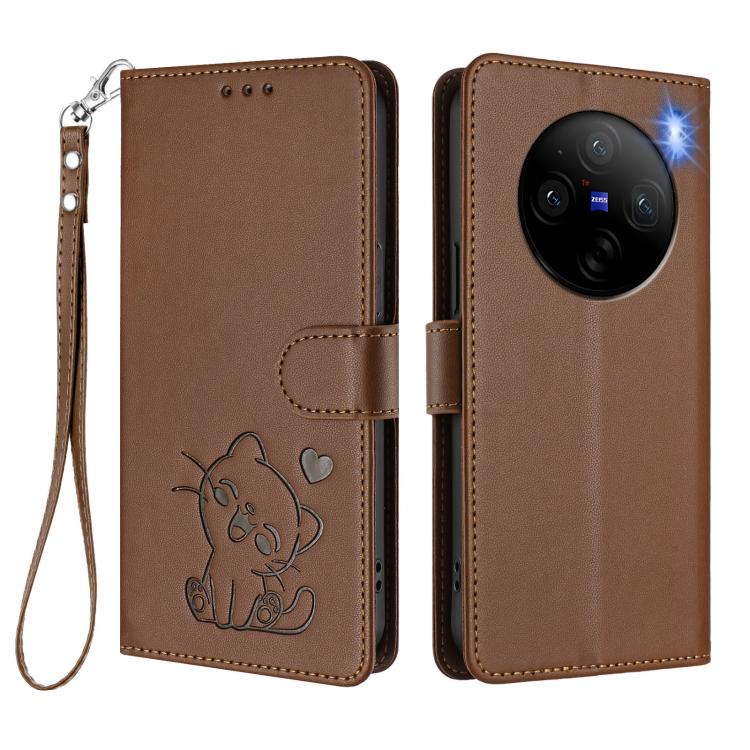 For vivo X100 Embossed Heart Cat Leather Phone Case with Hand Strap