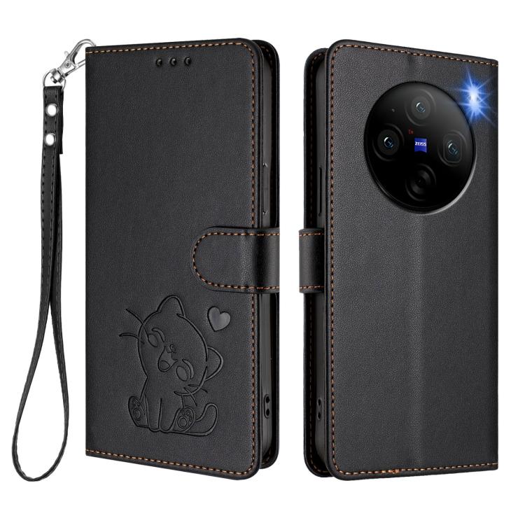 For vivo X100 Embossed Heart Cat Leather Phone Case with Hand Strap