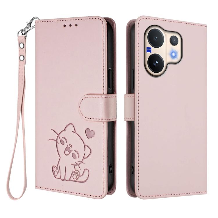 For vivo V60 5G Global Embossed Heart Cat Leather Phone Case with Hand Strap