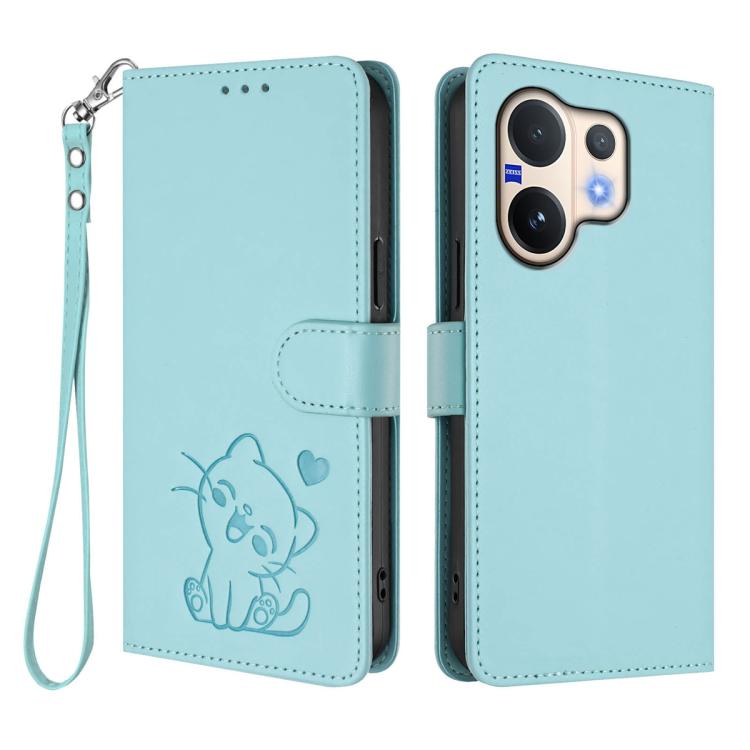 For vivo V60 5G Global Embossed Heart Cat Leather Phone Case with Hand Strap