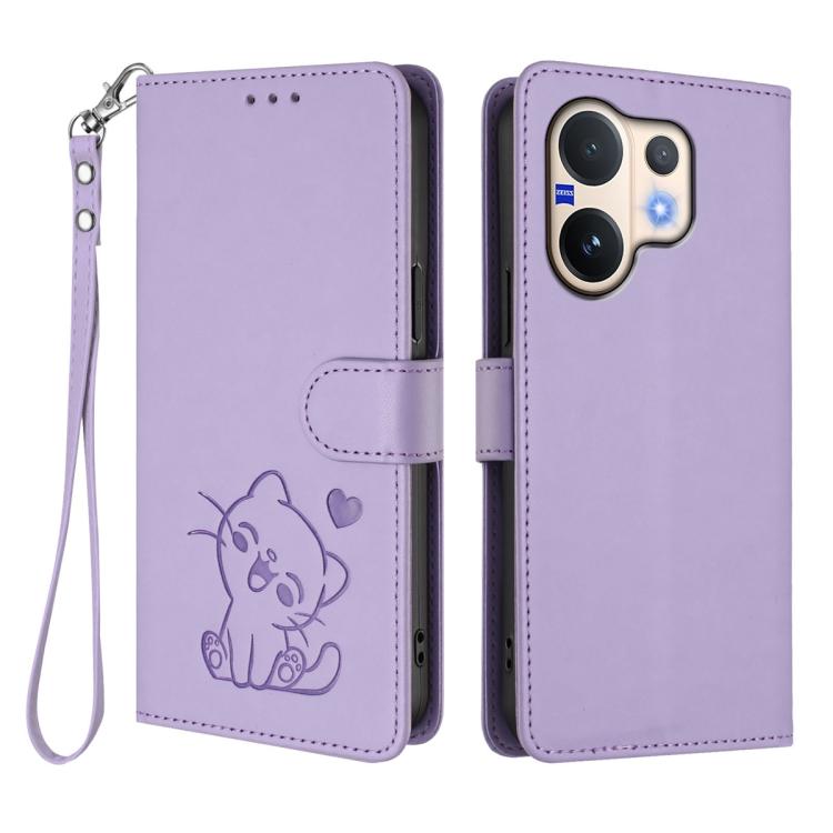 For vivo V60 5G Global Embossed Heart Cat Leather Phone Case with Hand Strap