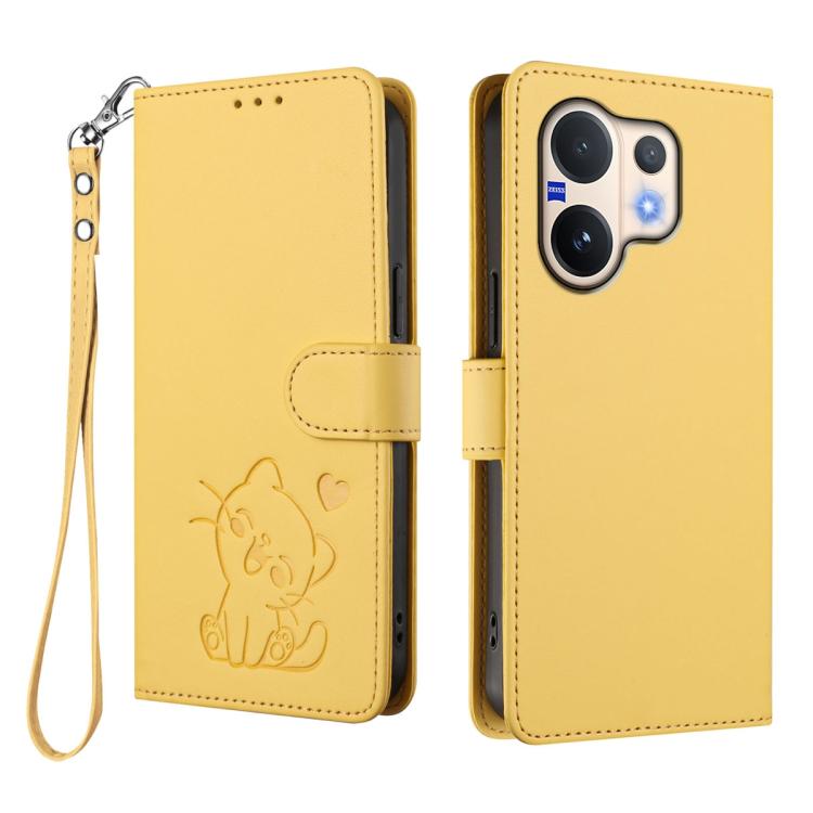 For vivo V60 5G Global Embossed Heart Cat Leather Phone Case with Hand Strap