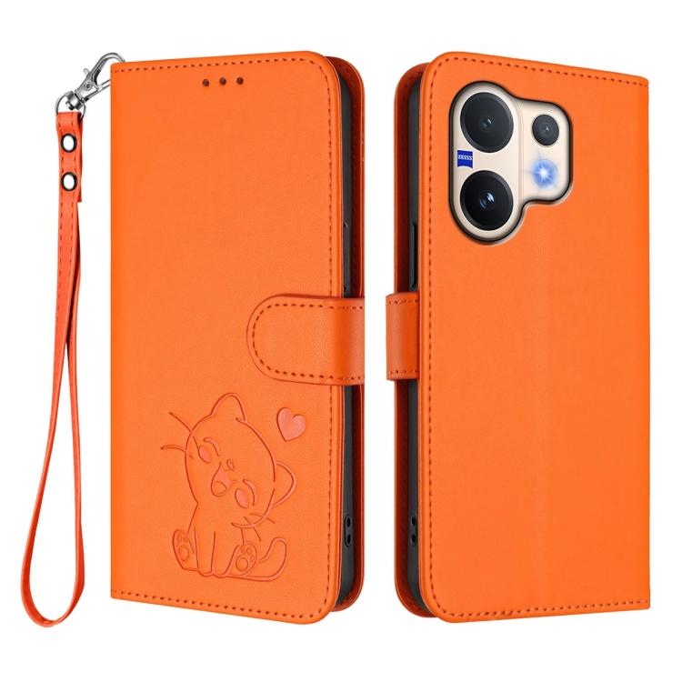 For vivo V60 5G Global Embossed Heart Cat Leather Phone Case with Hand Strap