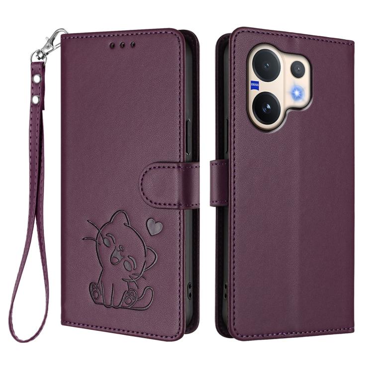 For vivo V60 5G Global Embossed Heart Cat Leather Phone Case with Hand Strap