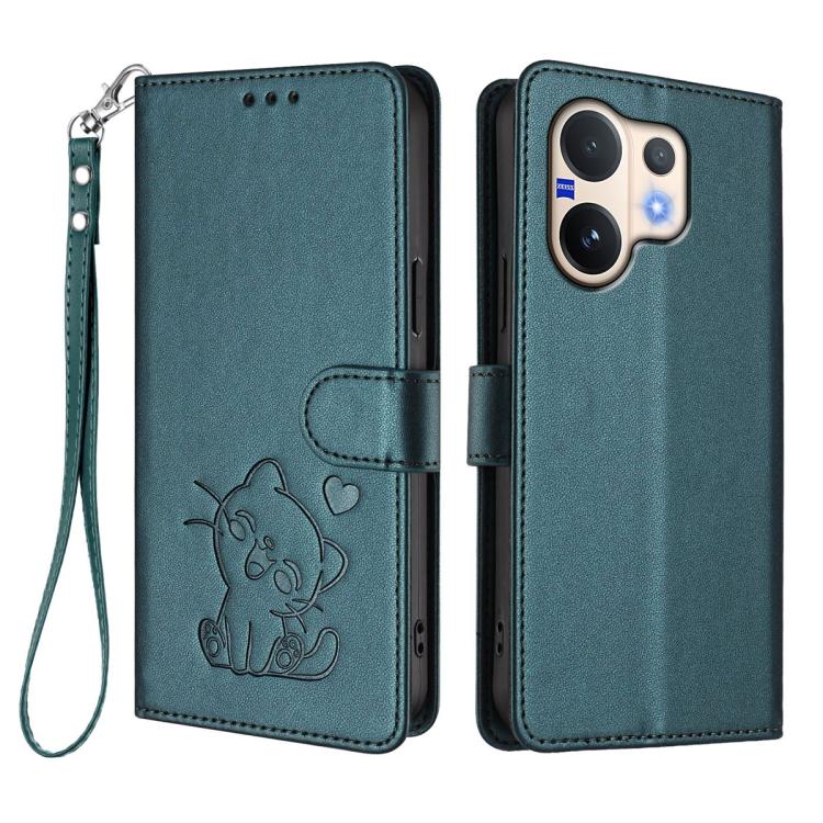 For vivo V60 5G Global Embossed Heart Cat Leather Phone Case with Hand Strap