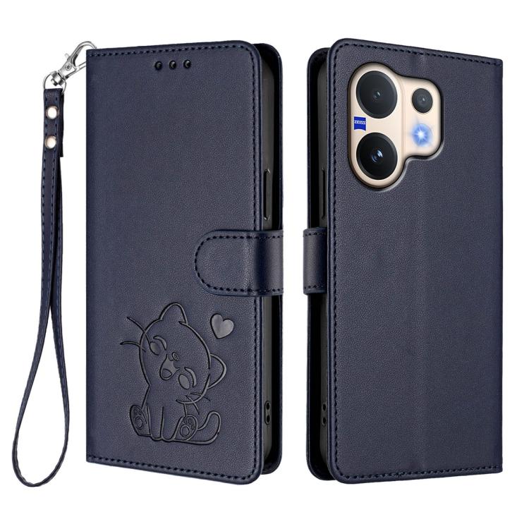 For vivo V60 5G Global Embossed Heart Cat Leather Phone Case with Hand Strap