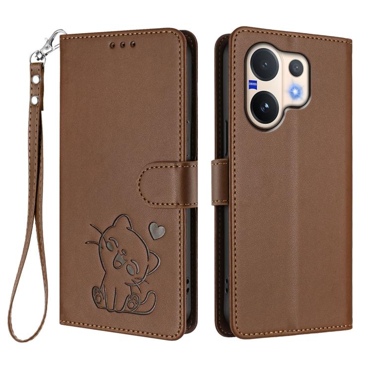 For vivo V60 5G Global Embossed Heart Cat Leather Phone Case with Hand Strap