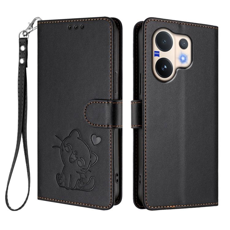 For vivo V60 5G Global Embossed Heart Cat Leather Phone Case with Hand Strap