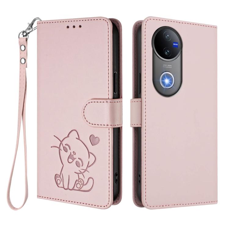 For vivo V50 / vivo V50e Embossed Heart Cat Leather Phone Case with Hand Strap