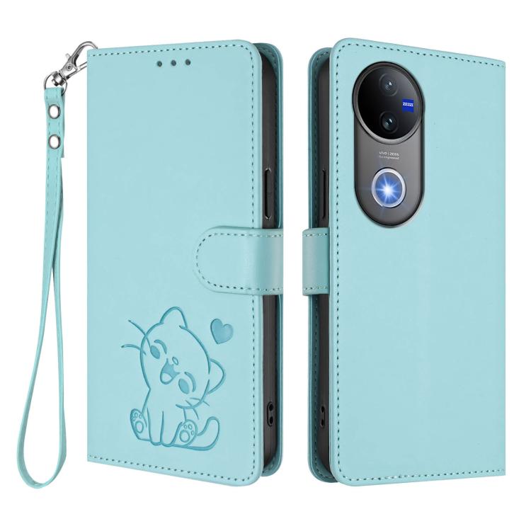 For vivo V50 / vivo V50e Embossed Heart Cat Leather Phone Case with Hand Strap