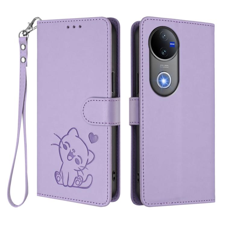 For vivo V50 / vivo V50e Embossed Heart Cat Leather Phone Case with Hand Strap