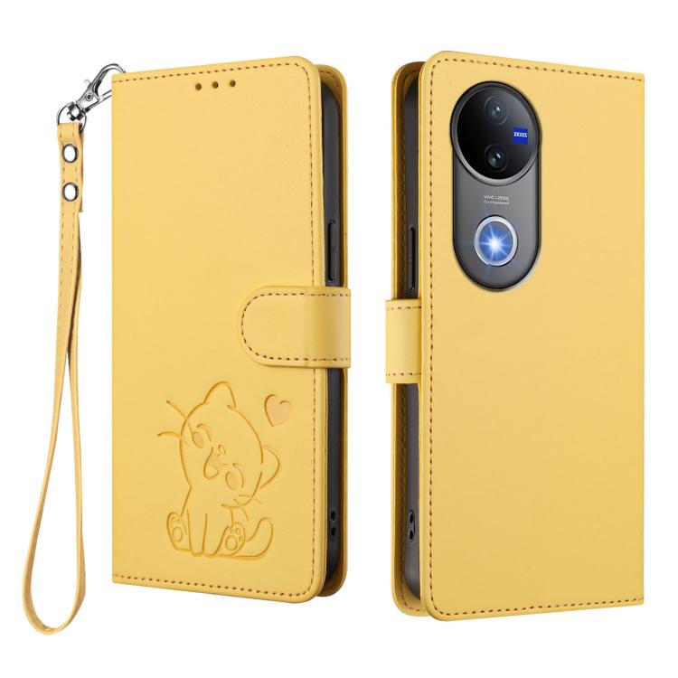 For vivo V50 / vivo V50e Embossed Heart Cat Leather Phone Case with Hand Strap