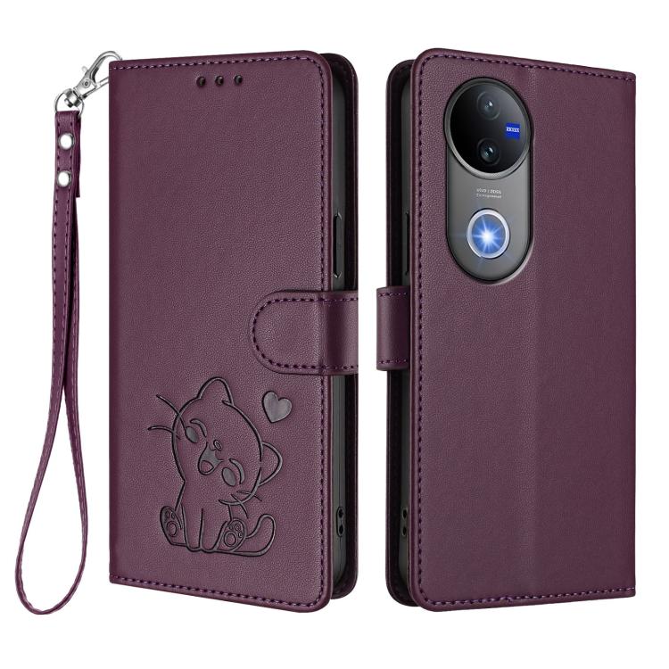 For vivo V50 / vivo V50e Embossed Heart Cat Leather Phone Case with Hand Strap