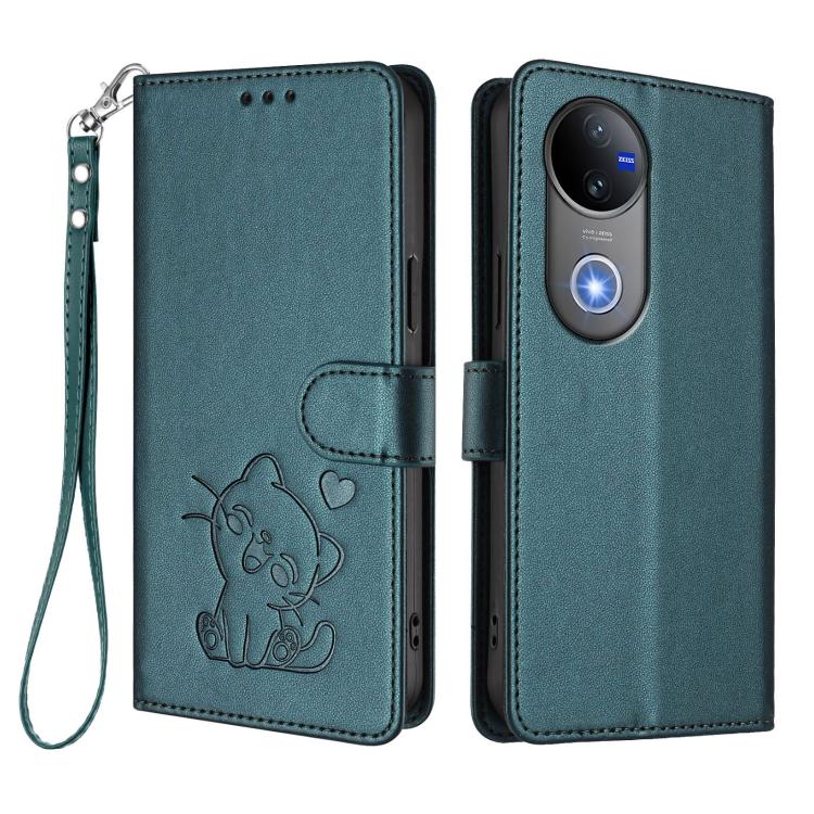 For vivo V50 / vivo V50e Embossed Heart Cat Leather Phone Case with Hand Strap