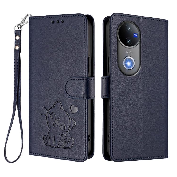 For vivo V50 / vivo V50e Embossed Heart Cat Leather Phone Case with Hand Strap