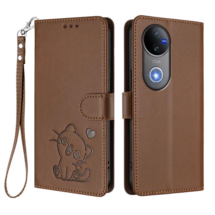 For vivo V50 / vivo V50e Embossed Heart Cat Leather Phone Case with Hand Strap