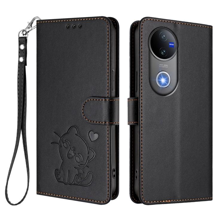 For vivo V50 / vivo V50e Embossed Heart Cat Leather Phone Case with Hand Strap