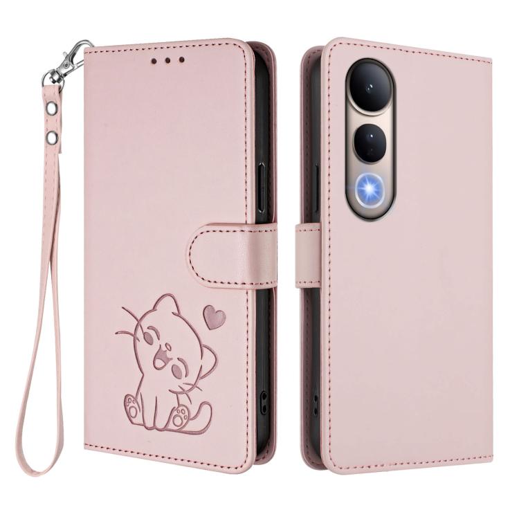 For vivo V50 Lite 4G / V50 Lite 5G Embossed Heart Cat Leather Phone Case with Hand Strap