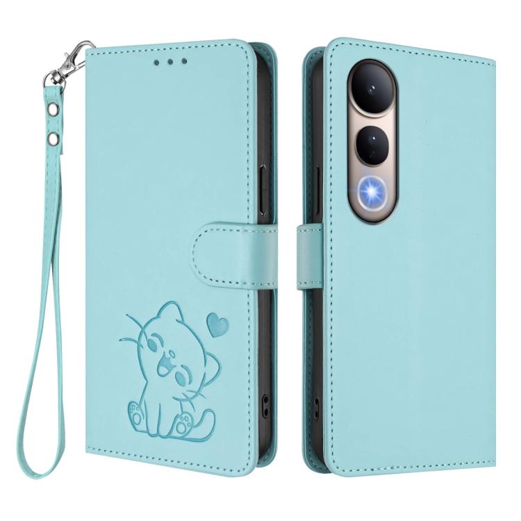 For vivo V50 Lite 4G / V50 Lite 5G Embossed Heart Cat Leather Phone Case with Hand Strap