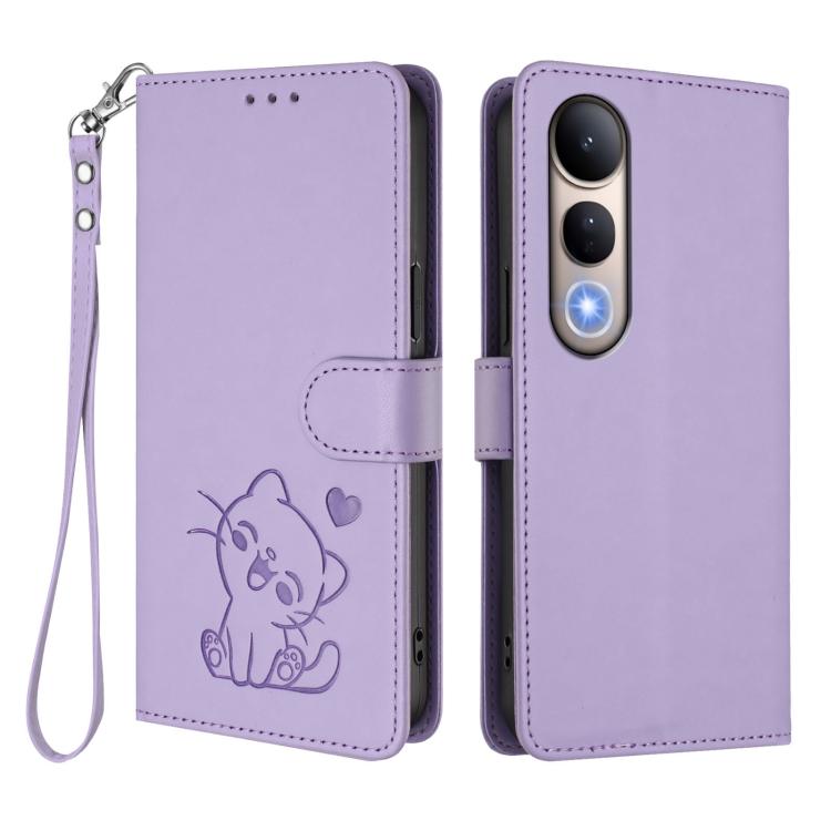 For vivo V50 Lite 4G / V50 Lite 5G Embossed Heart Cat Leather Phone Case with Hand Strap