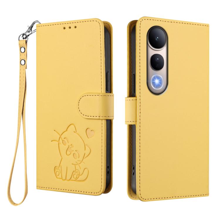 For vivo V50 Lite 4G / V50 Lite 5G Embossed Heart Cat Leather Phone Case with Hand Strap