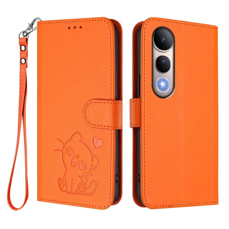 For vivo V50 Lite 4G / V50 Lite 5G Embossed Heart Cat Leather Phone Case with Hand Strap