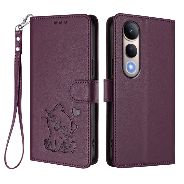 For vivo V50 Lite 4G / V50 Lite 5G Embossed Heart Cat Leather Phone Case with Hand Strap