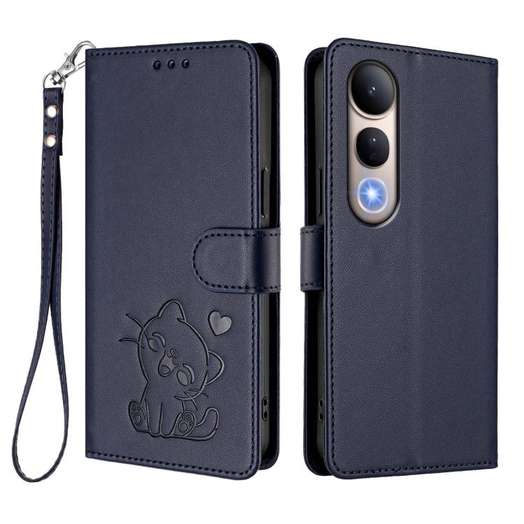 For vivo V50 Lite 4G / V50 Lite 5G Embossed Heart Cat Leather Phone Case with Hand Strap