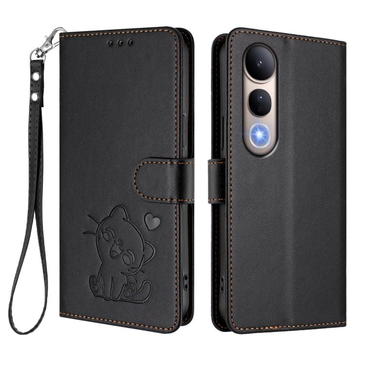 For vivo V50 Lite 4G / V50 Lite 5G Embossed Heart Cat Leather Phone Case with Hand Strap