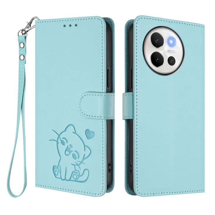 For vivo V40 Lite 5G / vivo V30e Embossed Heart Cat Leather Phone Case with Hand Strap