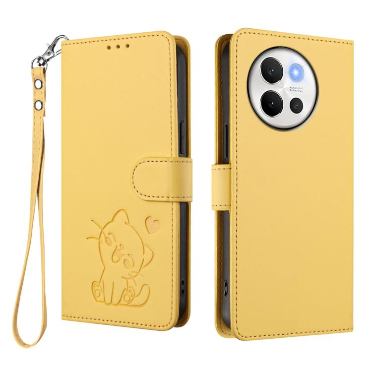 For vivo V40 Lite 5G / vivo V30e Embossed Heart Cat Leather Phone Case with Hand Strap