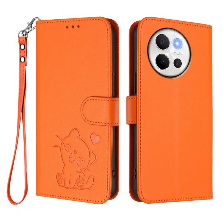 For vivo V40 Lite 5G / vivo V30e Embossed Heart Cat Leather Phone Case with Hand Strap