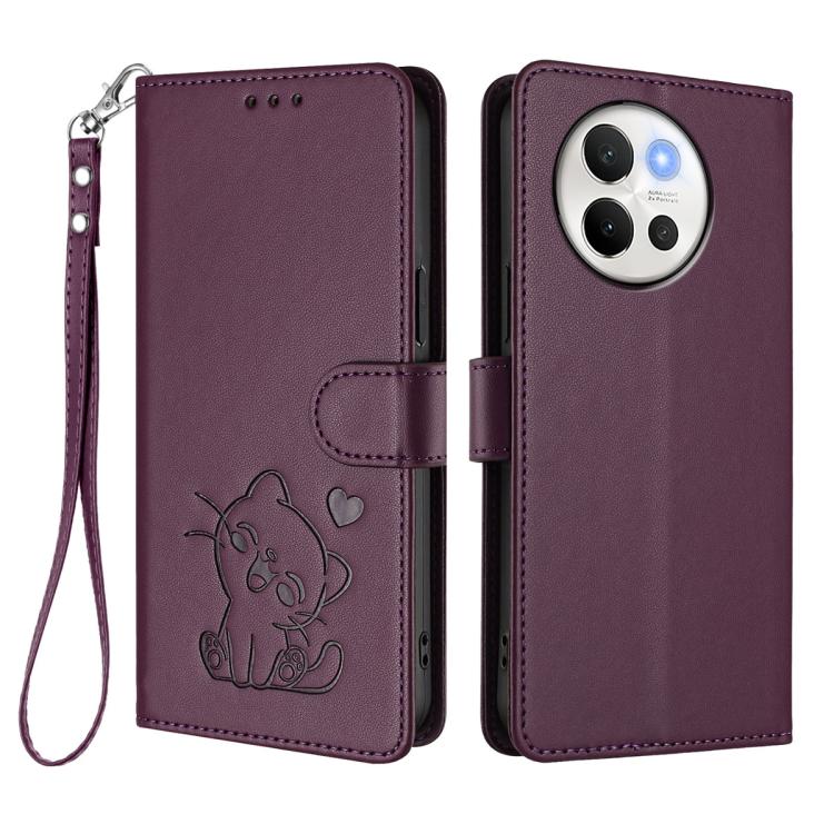 For vivo V40 Lite 5G / vivo V30e Embossed Heart Cat Leather Phone Case with Hand Strap