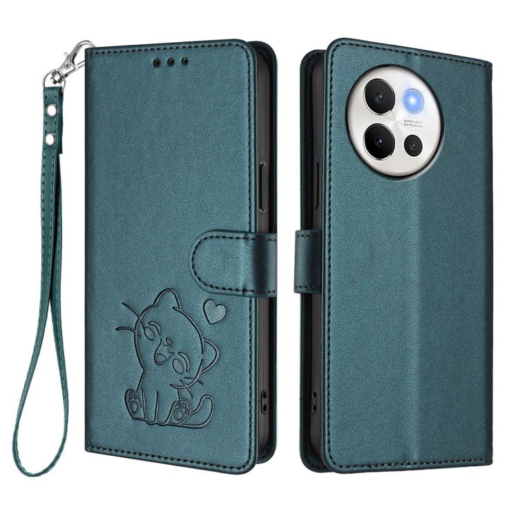 For vivo V40 Lite 5G / vivo V30e Embossed Heart Cat Leather Phone Case with Hand Strap