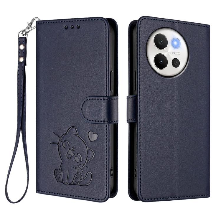 For vivo V40 Lite 5G / vivo V30e Embossed Heart Cat Leather Phone Case with Hand Strap