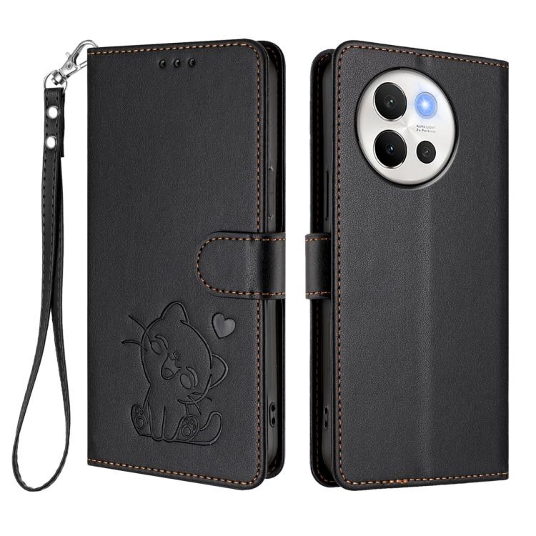 For vivo V40 Lite 5G / vivo V30e Embossed Heart Cat Leather Phone Case with Hand Strap