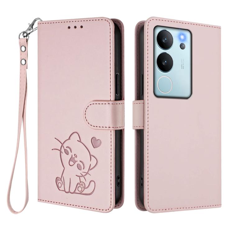 For vivo V29e / V30 Lite 5G / Y200 5G Global Embossed Heart Cat Leather Phone Case with Hand Strap