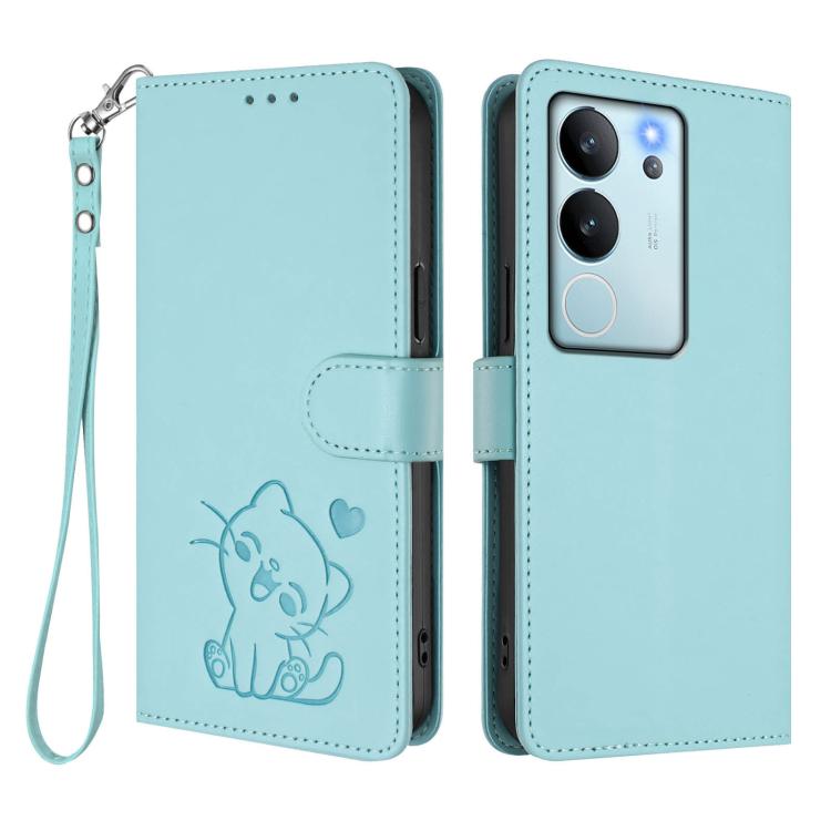 For vivo V29e / V30 Lite 5G / Y200 5G Global Embossed Heart Cat Leather Phone Case with Hand Strap
