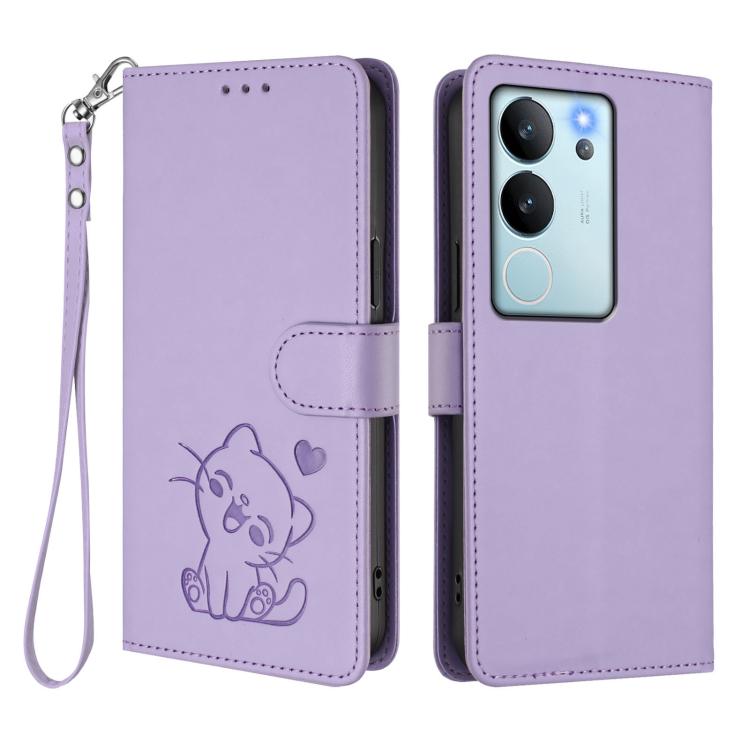 For vivo V29e / V30 Lite 5G / Y200 5G Global Embossed Heart Cat Leather Phone Case with Hand Strap